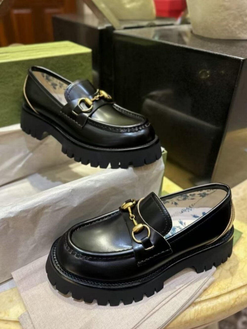 Gucci Polished Leather Gold Horsebit Chunky Sole Loafers